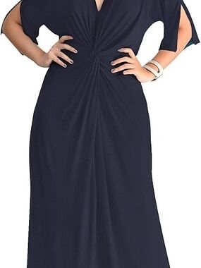Twist-Front Navy Maxi Dress with Short Sleeve Slits